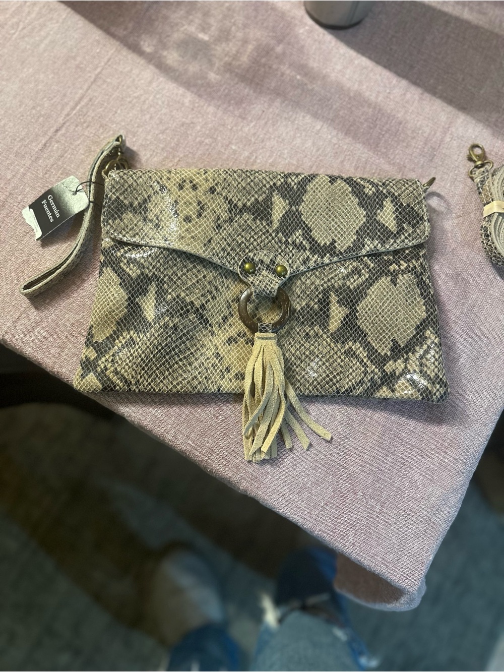 Snake-Print Tassel Envelope Clutch in Beige